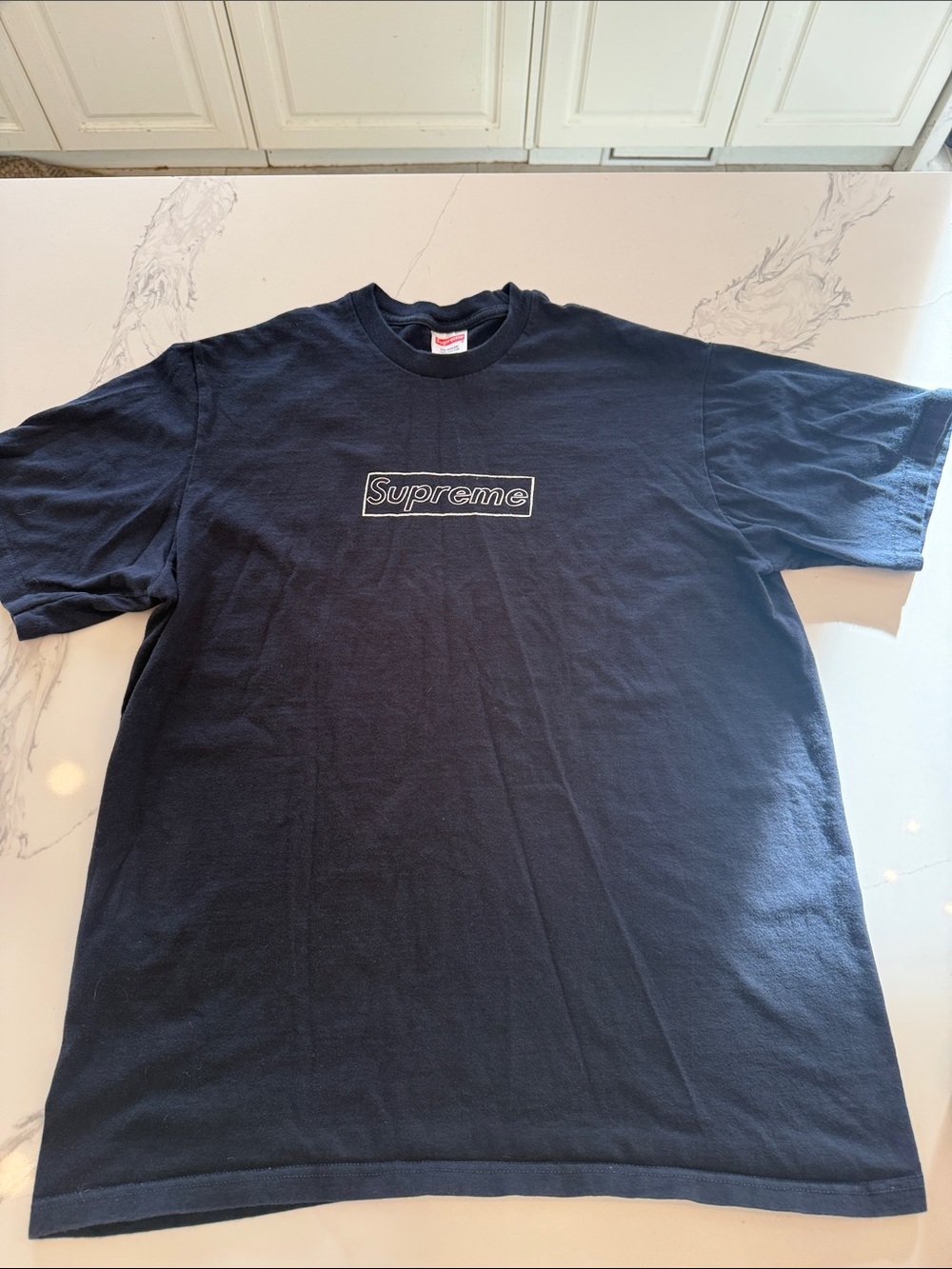 Authentic Supreme KAWS box logo Navy Tee with White Outlined Box Logo